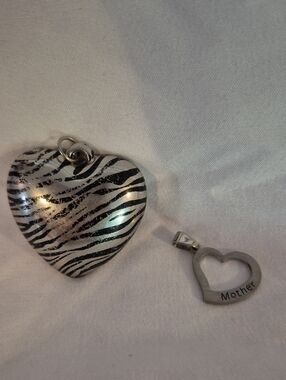 Silver Zebra Heart Pendant and 'Mother' Heart Charm - Silver